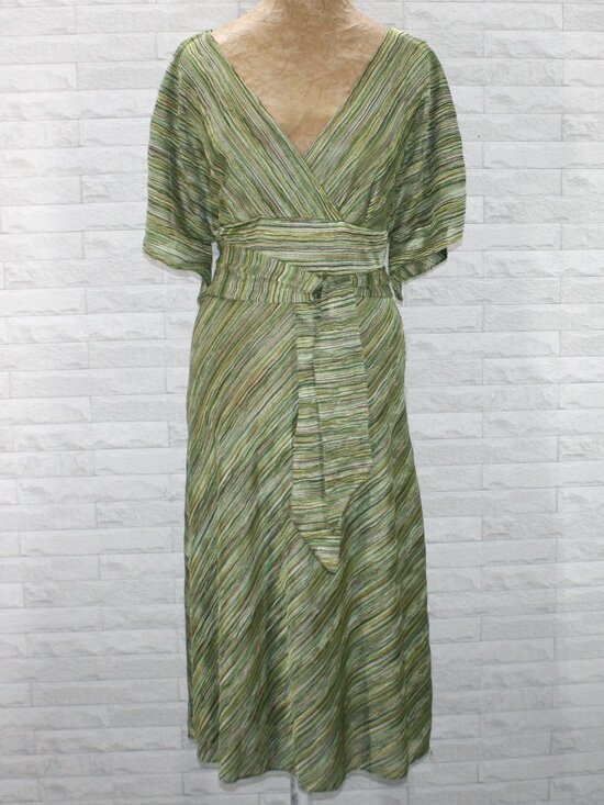 Adrianna Papell Dresses & Skirts - ADRIANNA PAPELL Dress Faux Wrap Stripe Midi Multi-color Green Tan Cream 12
